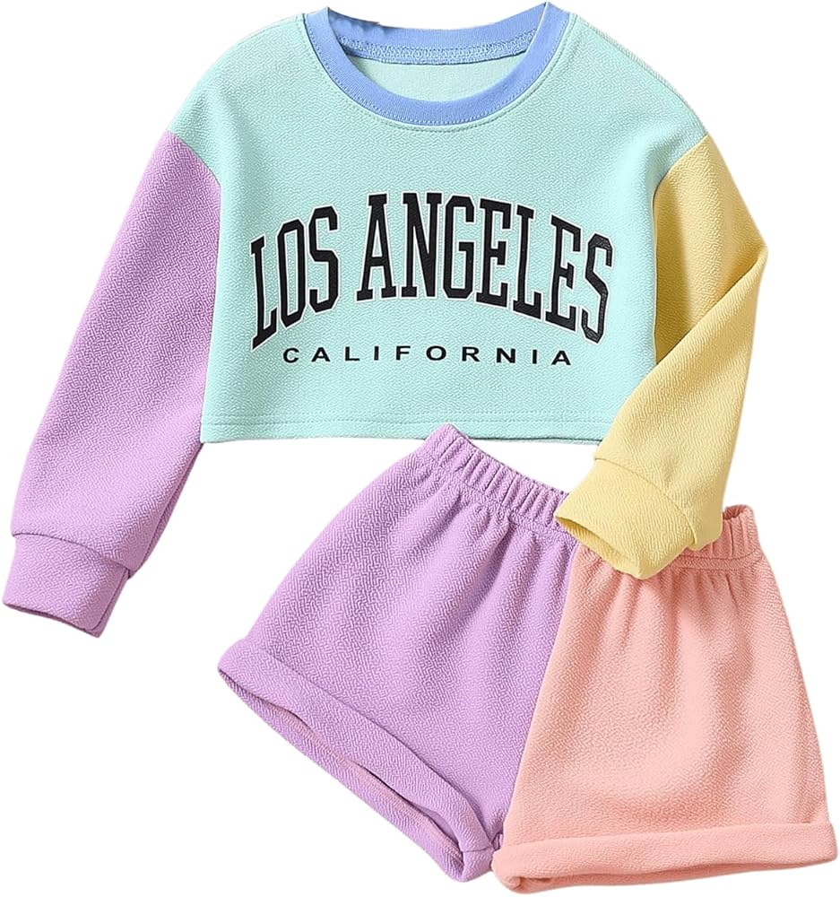 GORGLITTER Girl's Tracksuit 2 Piece Color Block Outfit Graphic Long Sleeve Sweatshirt and Shorts Sets