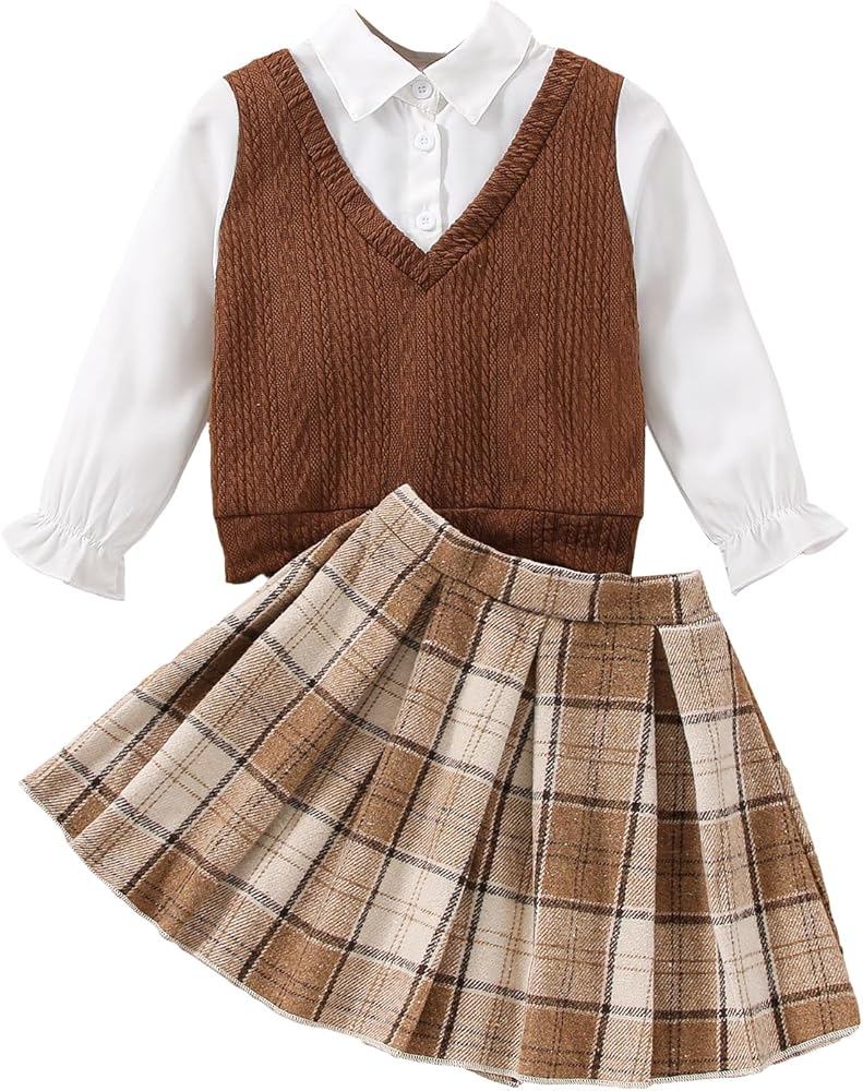 MakeMeChic Girl's 2 Piece Outfits 2 In 1 Button Down Shirt Top and Plaid Pleated Skirt Set