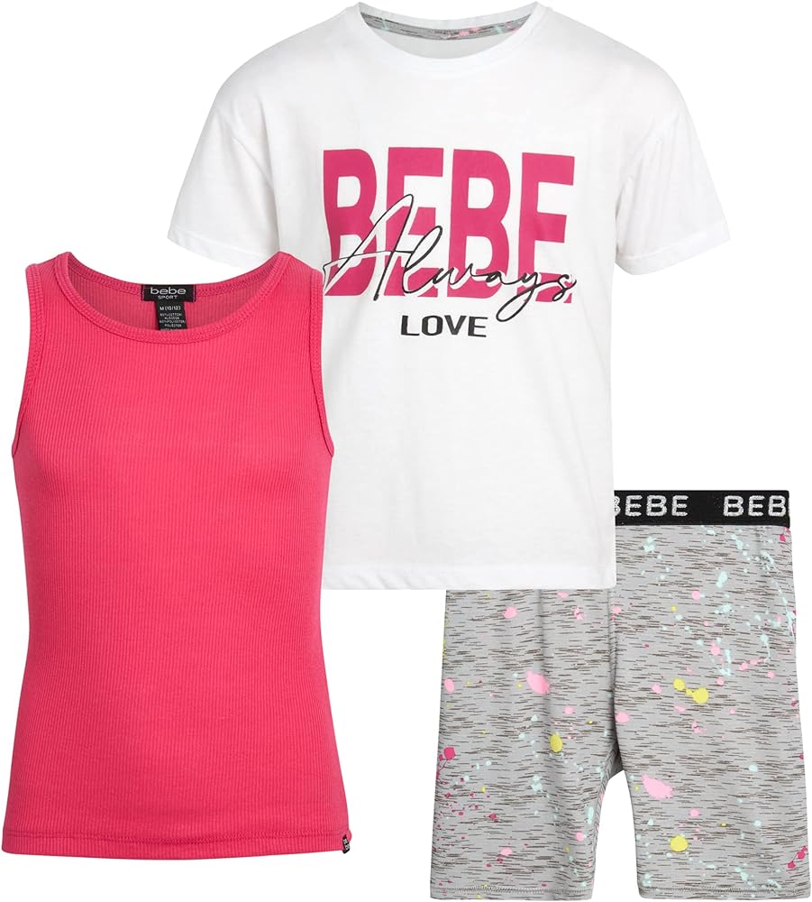 bebe Girls' Shorts Set - 3 Piece Short-Sleeve T-Shirt, Tank Top, and Bike Shorts (4-12)