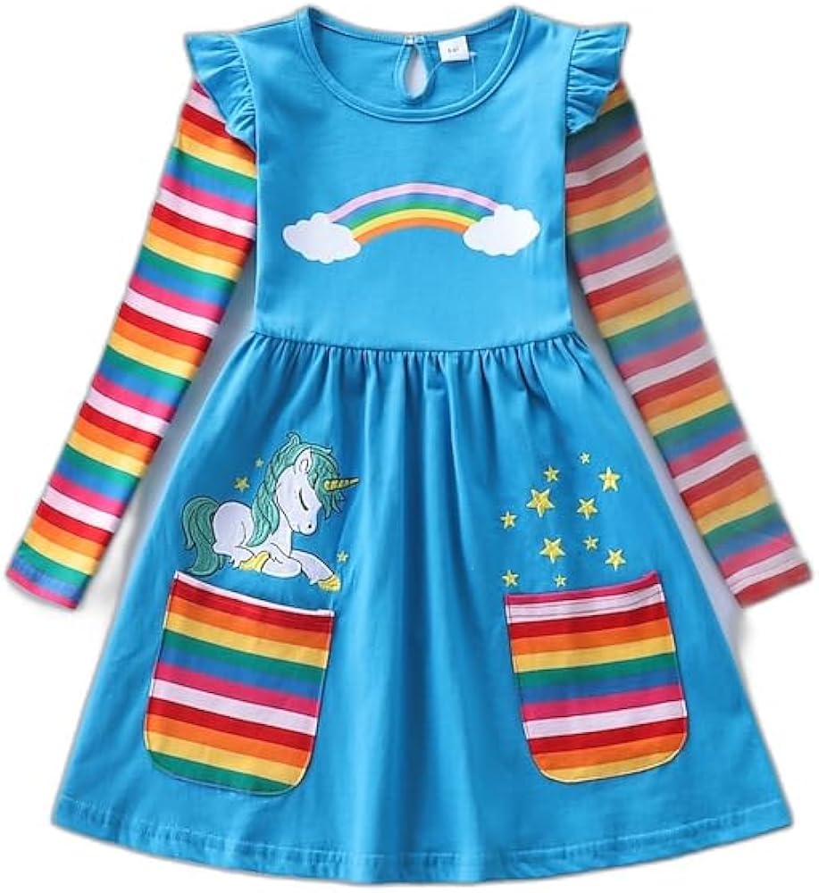 Kids Girls' Dress Cartoon Rainbow Long Sleeve Party Outdoor Embroidered Pocket Cute