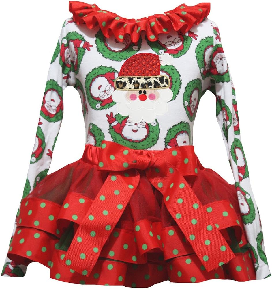 Petitebella Leopard Santa Claus L/s Shirt Red Ribbon Petal Skirt Xmas Set Nb-8y