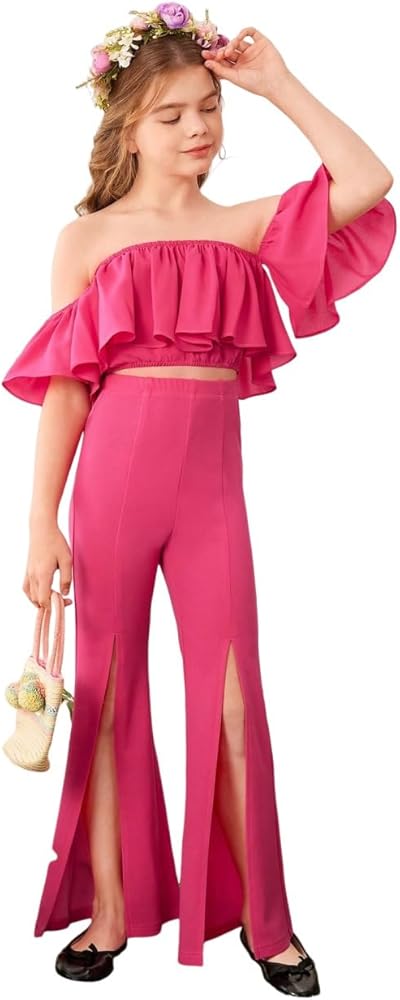 WDIRARA Girl's 2 Piece Off Shoulder Short Sleeve Ruffled Jumpsuit Outfits Set with High Slit Pants