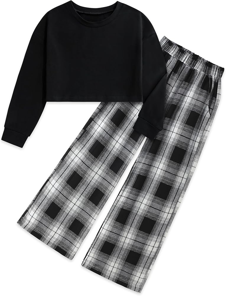 Girls Clothes Solid Long Sleeve Tops Plaid Wide Leg Pants with Pockets Girls Outfits Size 6-14