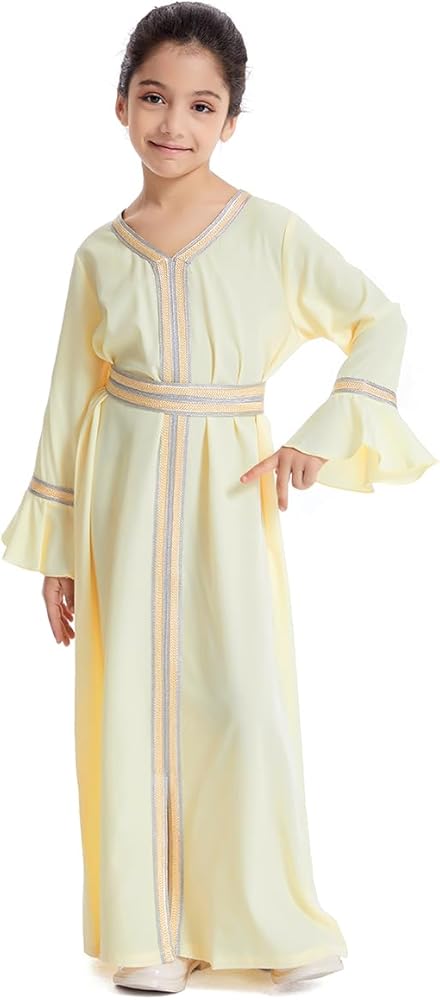 OLEMEK Kids Girls Abaya Long Sleeve Hooded Maxi Dress Middle East Muslim Long Bell Sleeve Prayer Dress