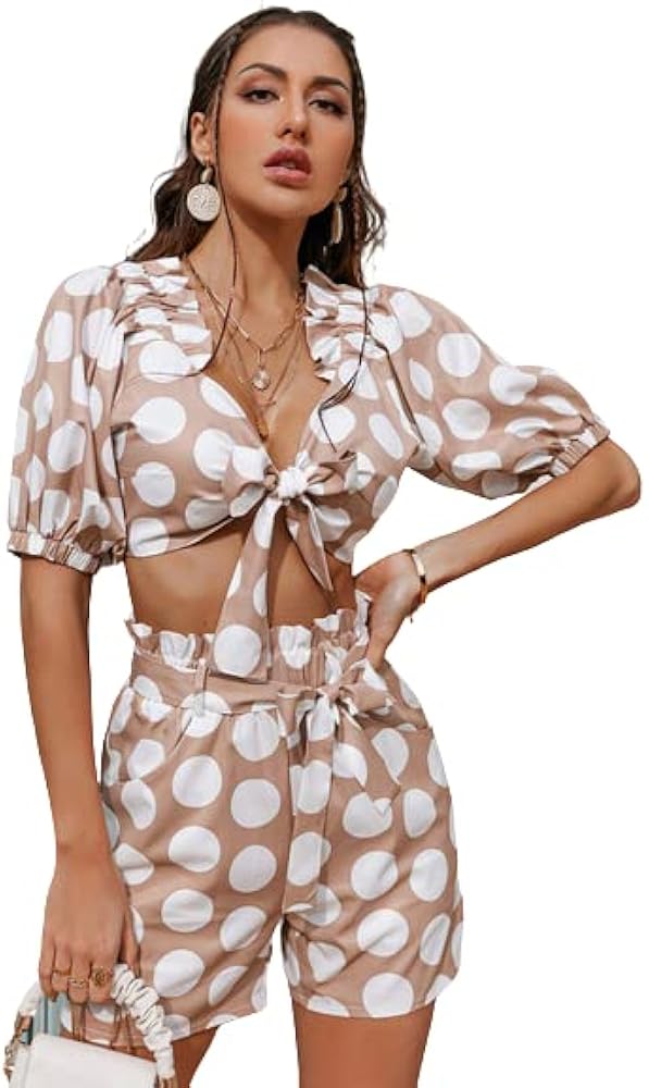 POLKA DOT TIE FRONT CROPPED TOP AND SHORTS SET