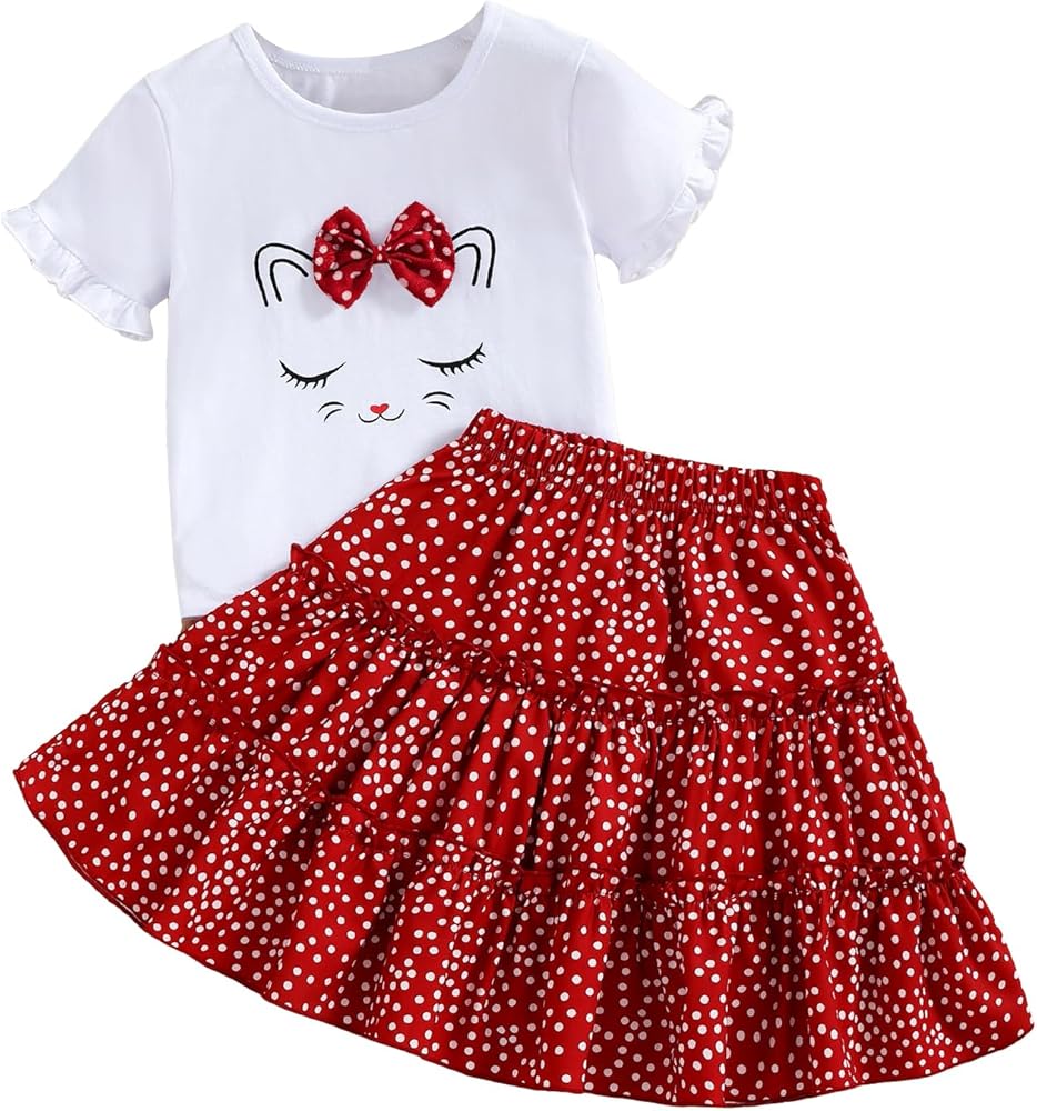 OYOANGLE Girl's 2 Pieces Outfits Graphic Print Short Sleeve Round Neck Bow Tee Shirt and Polka Dots Skirt Set