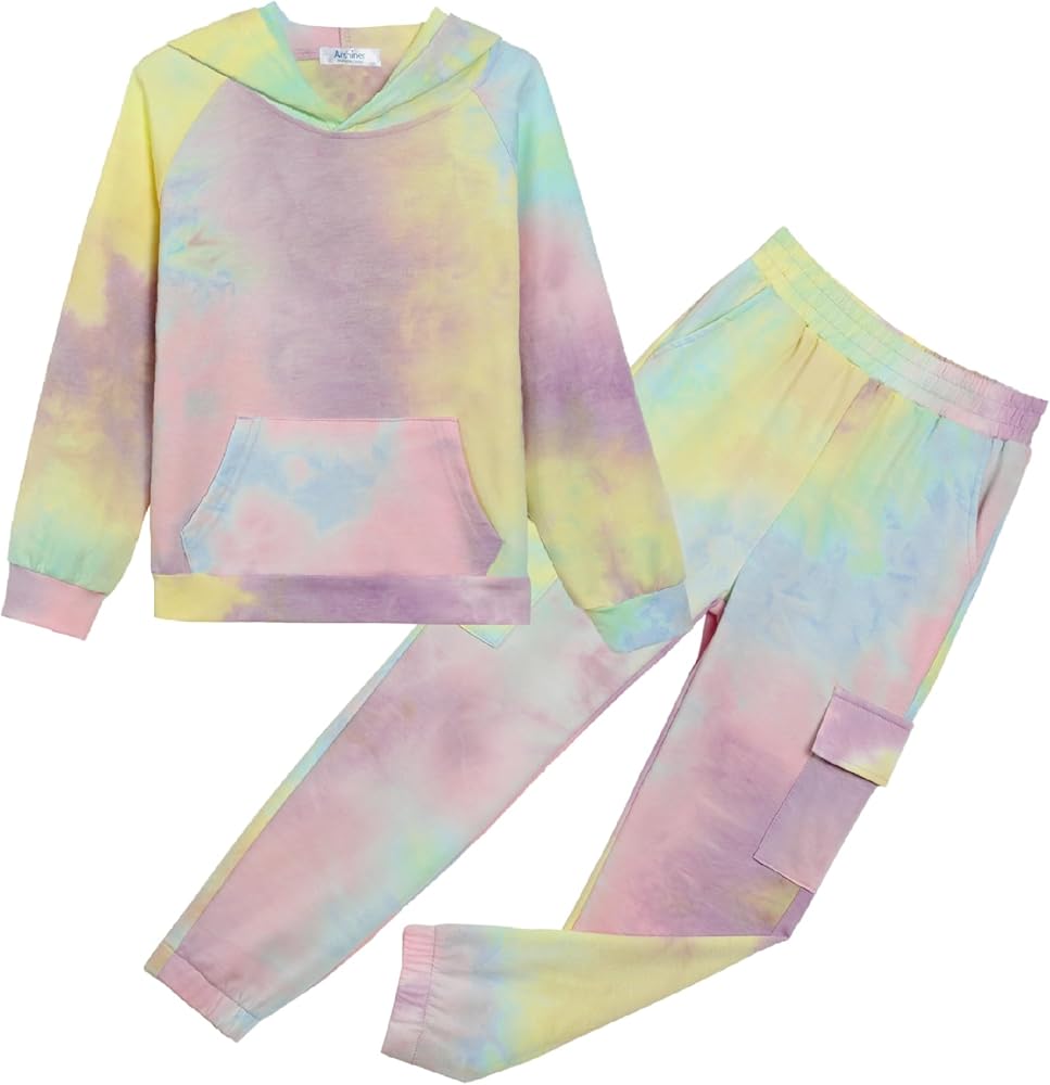 Arshiner Girls Tie Dye Tracksuits 2 Pieces Pant Sets Cute Long Sleeve Pullover Hoodies and Long Pants Kids Fall Clothing Sets