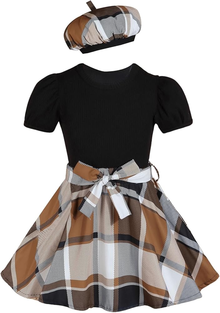 Girl's Three Piece Outfit Short Sleeve Ribbed Knit T Shirt and Plaid Print Bow Belted Ruffle Mini Skirt Set with Hat