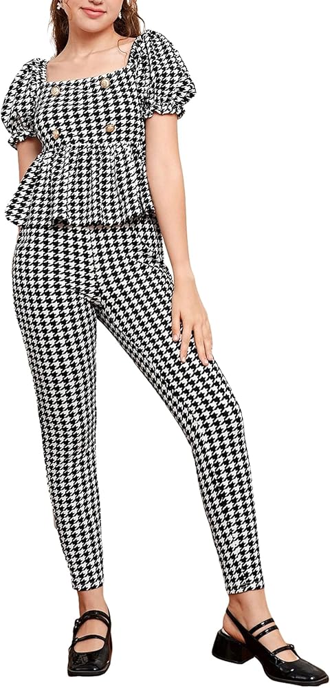 WDIRARA Girl's 2 Piece Outfits Houndstooth Print Square Neck Puff Sleeve Peplum Knitted Top and Leggings