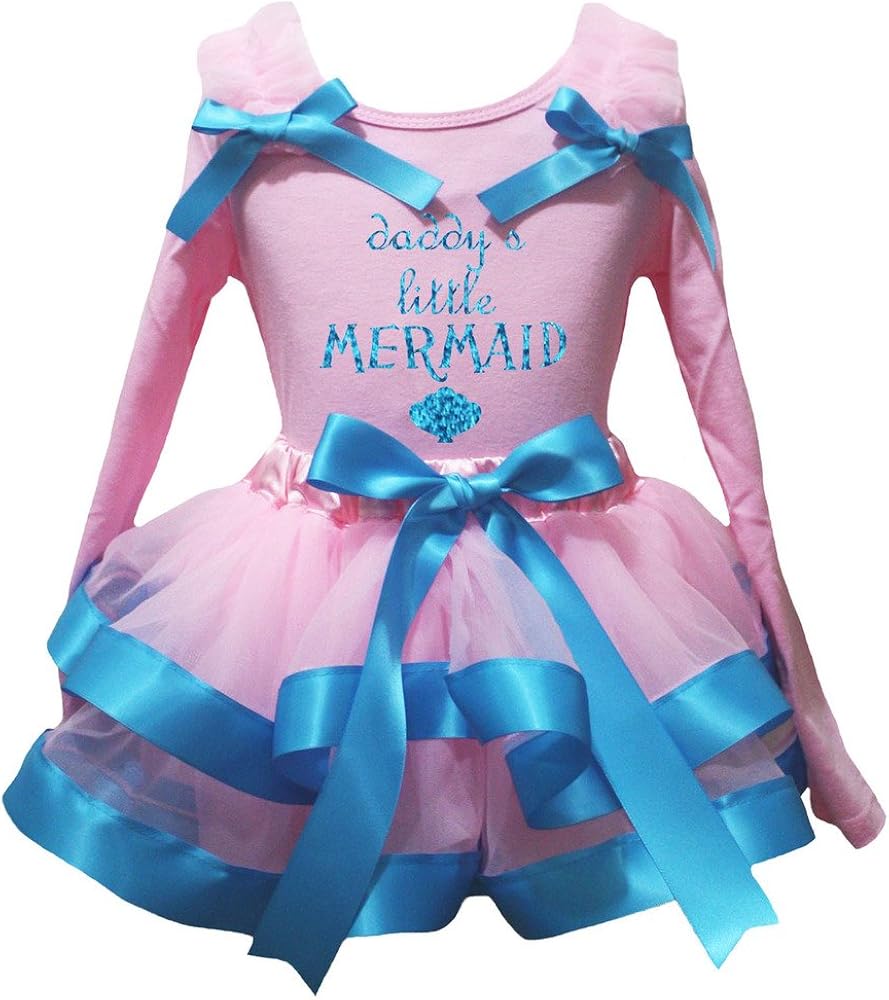 Petitebella Daddy's Little Mermaid L/s Shirt Peacock Blue Pink Petal Skirt Nb-8y