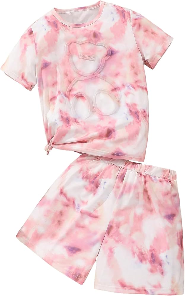 WDIRARA Girl's 2 Piece Outfits Tie Dye Bear Print Short Sleeve Top and Track Shorts Set Tracksuit