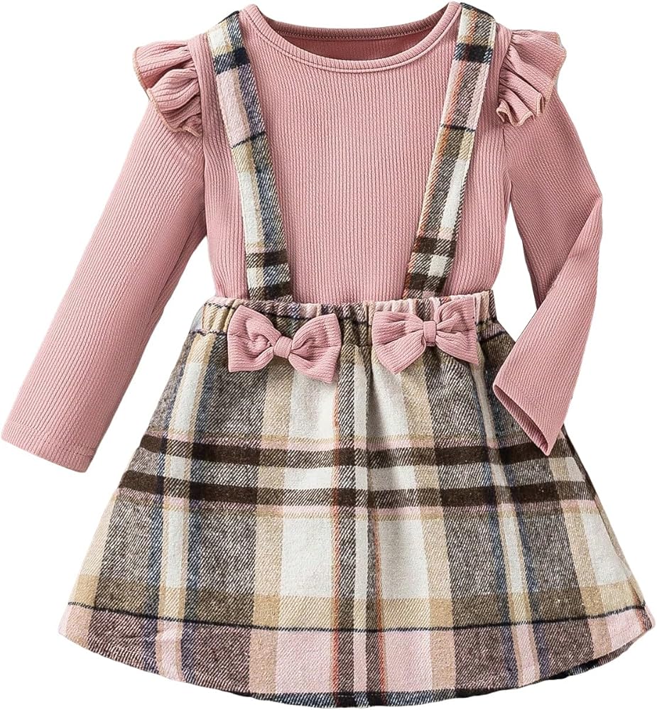 MakeMeChic Girl's Plaid Overall Dresses Ruffle Long Sleeve T Shirt Tops Two Piece Outfits