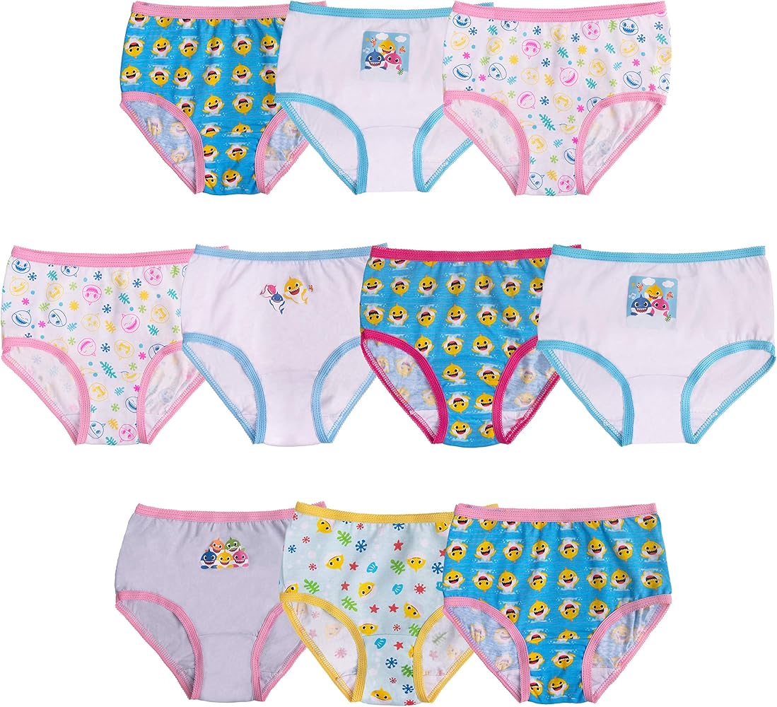 Baby Shark Girls 100% Combed Cotton Underwear Panties in Sizes 18M, 2/3T, 4T, 4, 6, 8, 10-Pack Baby Shark, 4T