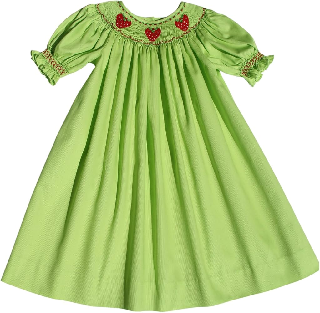 Carouselwear Hand Smocked Strawberry Girls Bishop Dress in Green Cotton for Fall