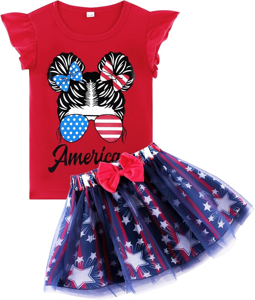 Baby Girls 4th of July Outfit Tulle Tutu Skirts Set Toddler Kids American Flag Heart Print Dress 2-8 Years Old