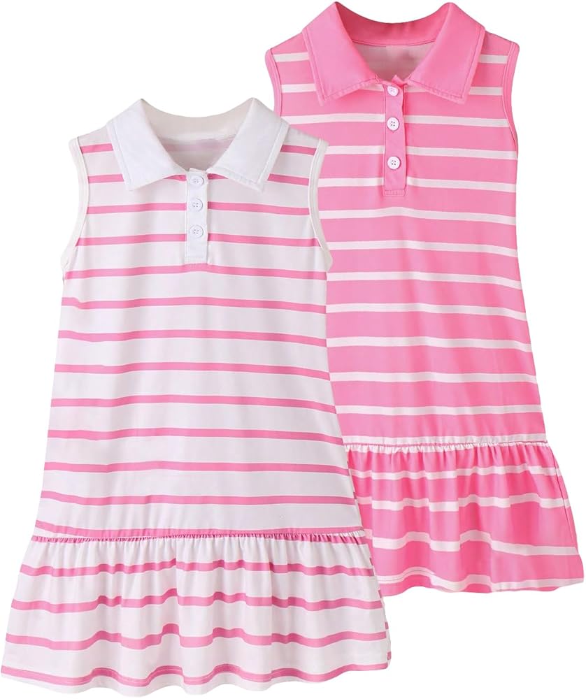 OYOANGLE Girl's 2 Packs Striped Sleeveless Collared Neck Button Front Dress Ruffle Hem Knee Length Dress