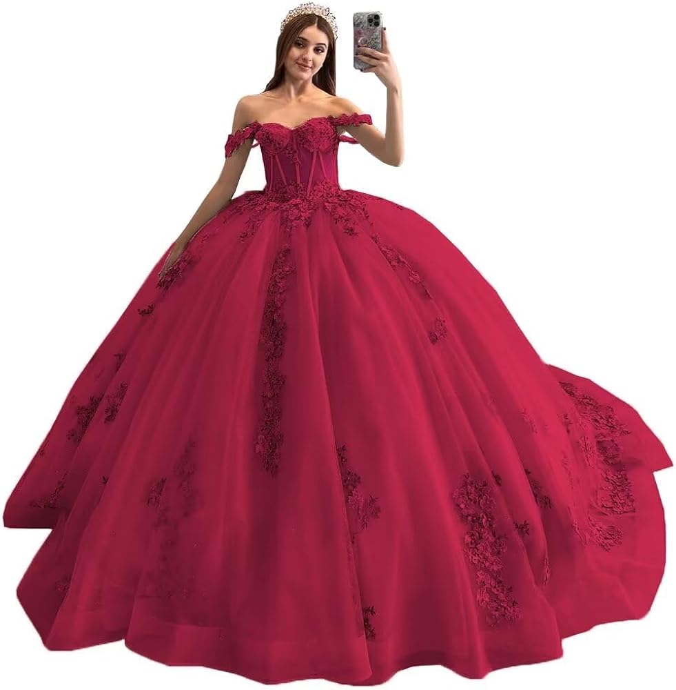 Mouccy Sparkly Lace Pearly Quinceanera Dresses Puffy Beaded Sweet 16 Ball Gown Tulle 3D Floral Off Shoulder Prom Gown XXF047