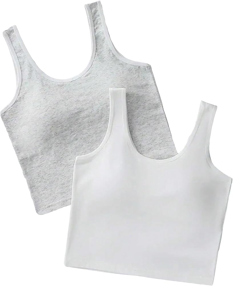 Milumia Girl's 2 Pieces Basic Cami Tank Tops Padded Roud Neck Solid Bra Undershirts