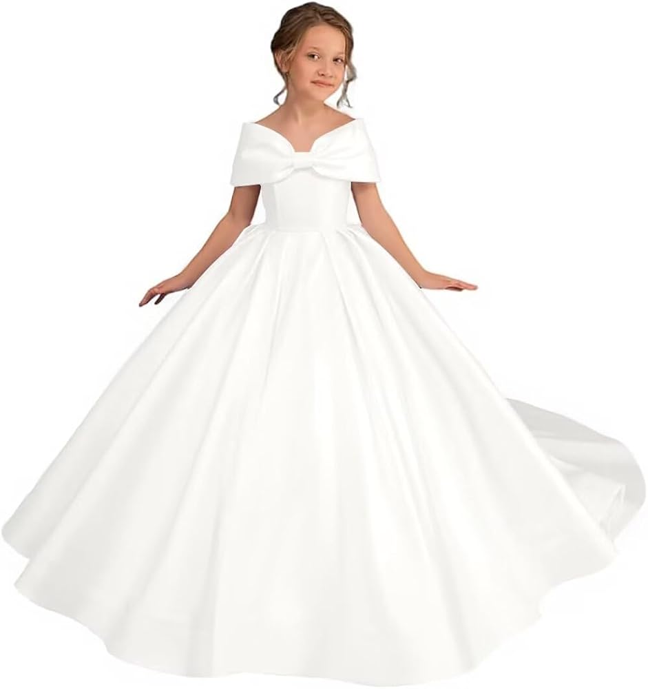 Satin Flower Girl Dress for Wedding Off Shoulder Ball Gowns for Kids Long Princess Pageant Dresses with Bow-Knot