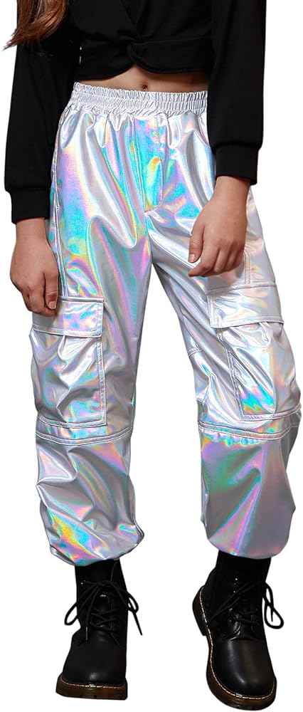 Perfashion Metallic Cargo Pants for Girls Hip Hop Dance Multi-Pocket Joggers High Waist Pants 6-15Y