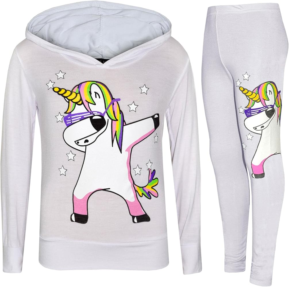 Kids Girls Rainbow Unicorn Dab Floss Hooded Top Legging Set Xmas Tracksuit 7-13Y