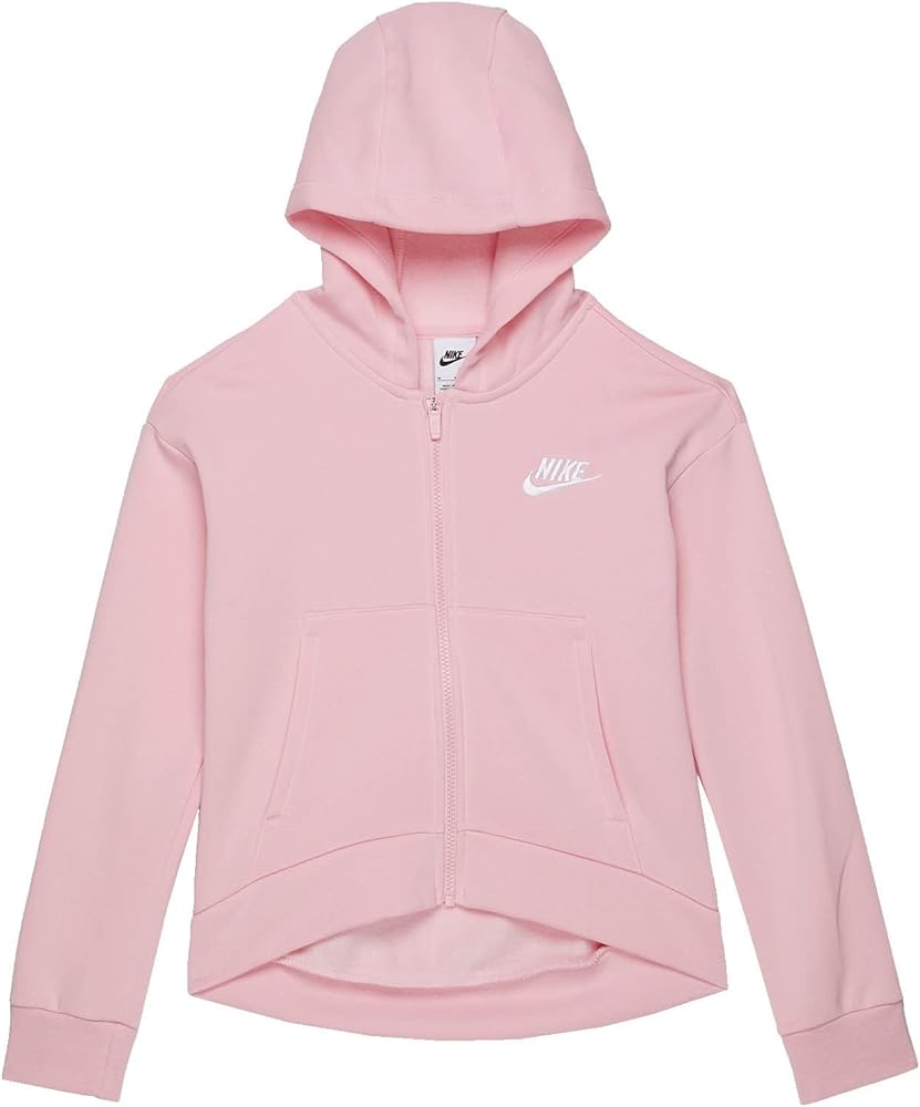 Nike Girl's Sportswear Club Fleece Full Zip Hoodie (Little Kids/Big Kids) Medium Soft Pink/White M (10-12 Big Kid)