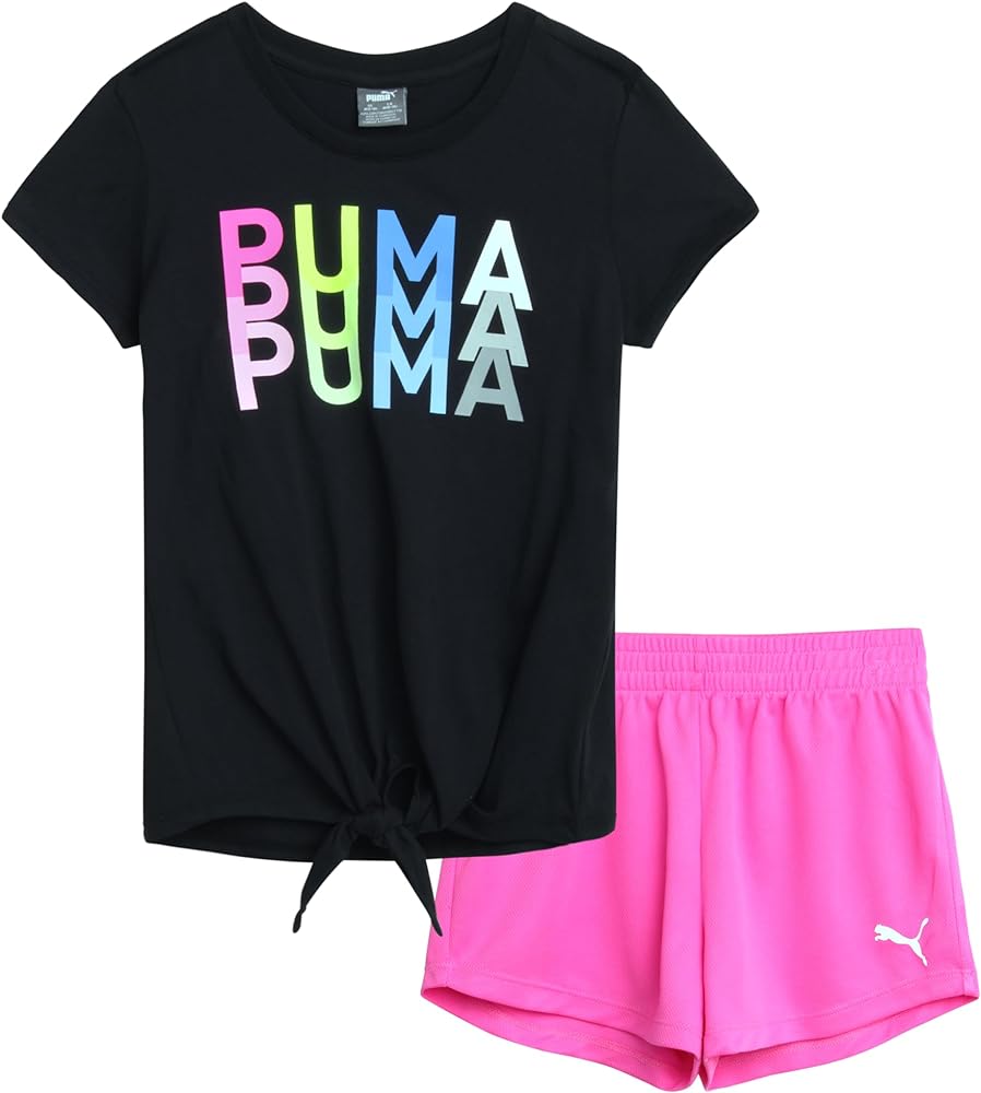 PUMA Girls' Active Shorts Set - 2 Piece Performance T-Shirt and Gym Shorts or Bike Shorts - Athletic Outfit for Girls (S-L)