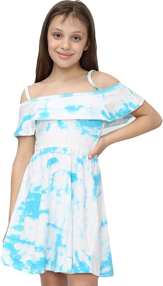 Kids Girls Skater Dress Tie Dye Print Summer Party Off Shoulder Dress 5-13 Years