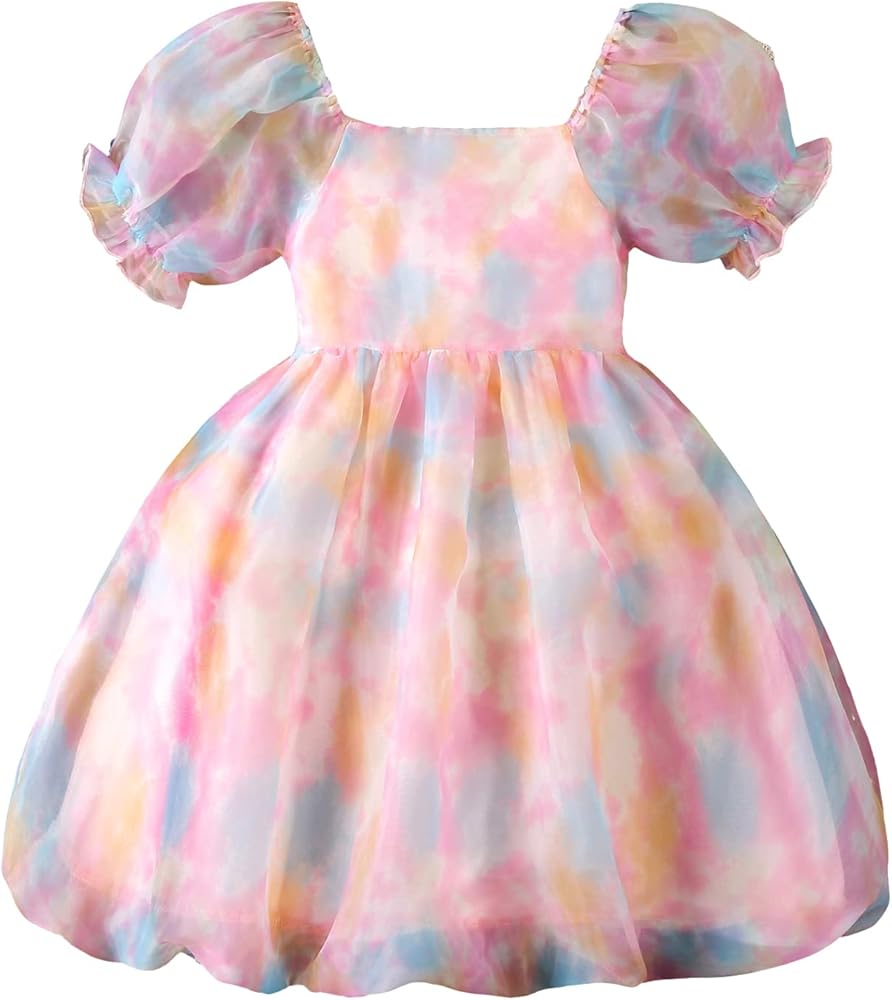 WDIRARA Girl's Tie Dye Ball Gown Square Neck Short Puff Sleeve Flared Hem High Waist Organza Dress