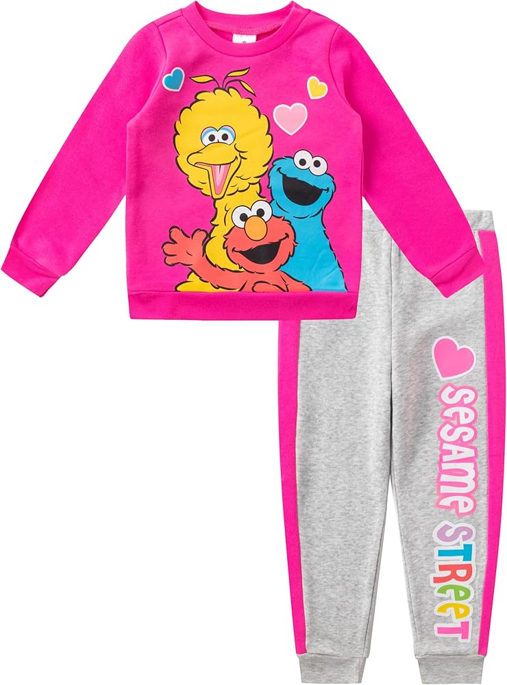 Sesame Street Girl's 2 Piece Jogger Set with Long Sleeve Shirt and Sports Pants, Pink/Grey