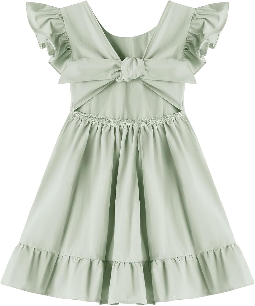 Dutebare Toddler Girls Swing Dress Linen Backless Tie Back Ruffle Hem Kid Casual Beach Dresses