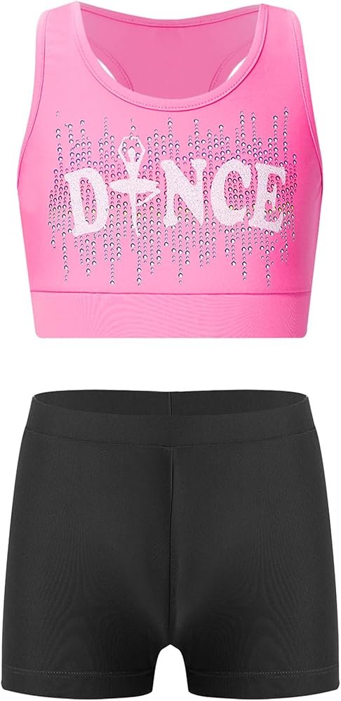 Kids Girls 2 Piece Dance Shorts Outfits Crop Tops and Booty Shorts Gymnastics Dancewear Activewear Swimwear