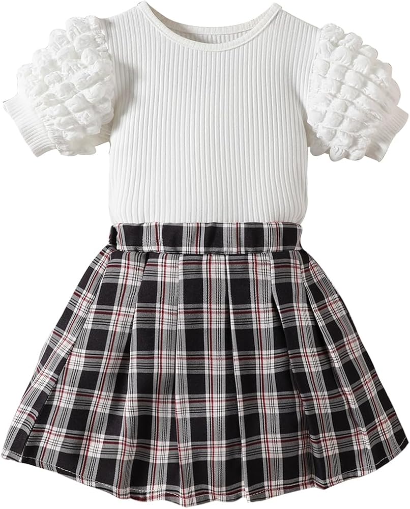 AMMENGBEI Toddler Little Girl Summer Outfits Puff Short Sleeve Tops Plaid Skirt Skort Set Kids 2Pcs Fashion Clothes