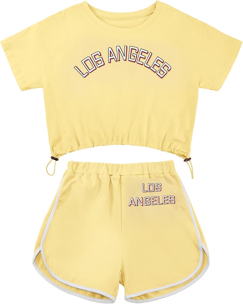 Weixinbuy Girls Summer Clothes Short Sleeve Letter Crop Top+Track Shorts Set 2 Piece Outfits 7-12T