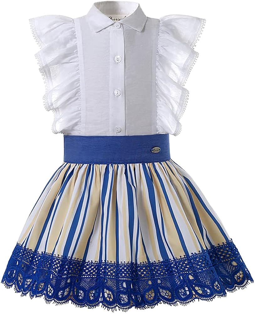 Pettigirl Girls Summer Elegant Blue Striped Lace Sundress Clothes Kids Birthday Prom Princess Dresses with Headband