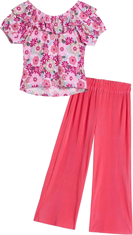 Girls' Pants Set - Puff Sleeve Shirt and Flowy Wide Leg Pants Set - Cute Summer Outfit Set for Girls (7-12)