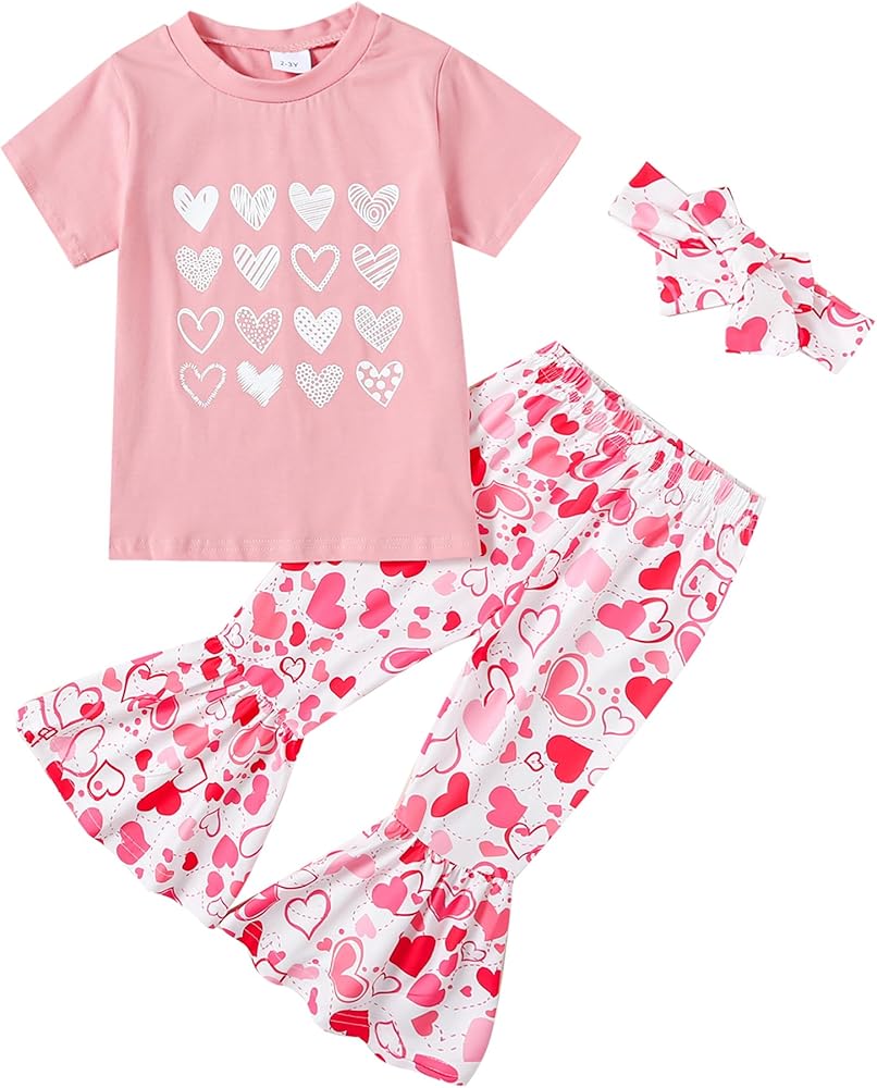 Toddler Girl Valentines Day Outfit Letter T-Shirt+Love Heart Bell Buttoms Pants+Headband Summer Clothes Set 2-7T