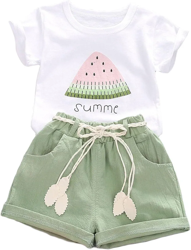 Sinifer Toddler Girl Short Sleeve Letter Watermelon Print T Shirt Top Shorts Set for 0 to 4 Years (Green, 3-4 Years)