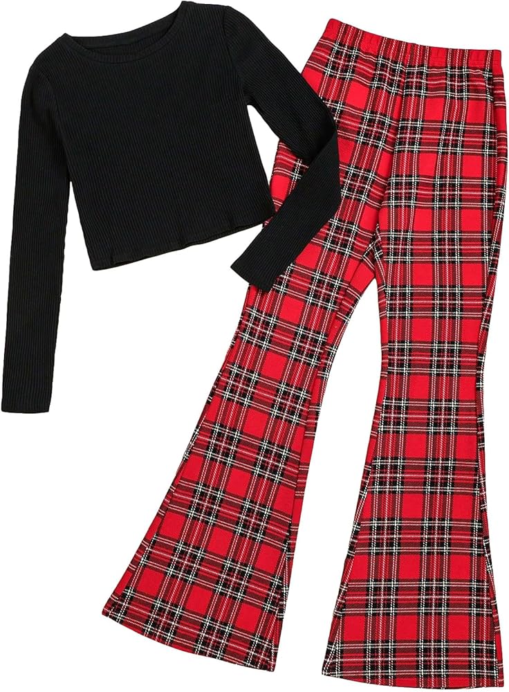 WDIRARA Girl's 2 Piece Outfits Round Neck Long Sleeve Tee and Plaid Flare Leg Pants Set