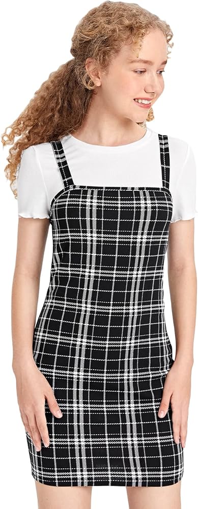 OYOANGLE Girl's 2 Piece Outfits Short Sleeve Tee Shirt and Plaid Overall Dress Set