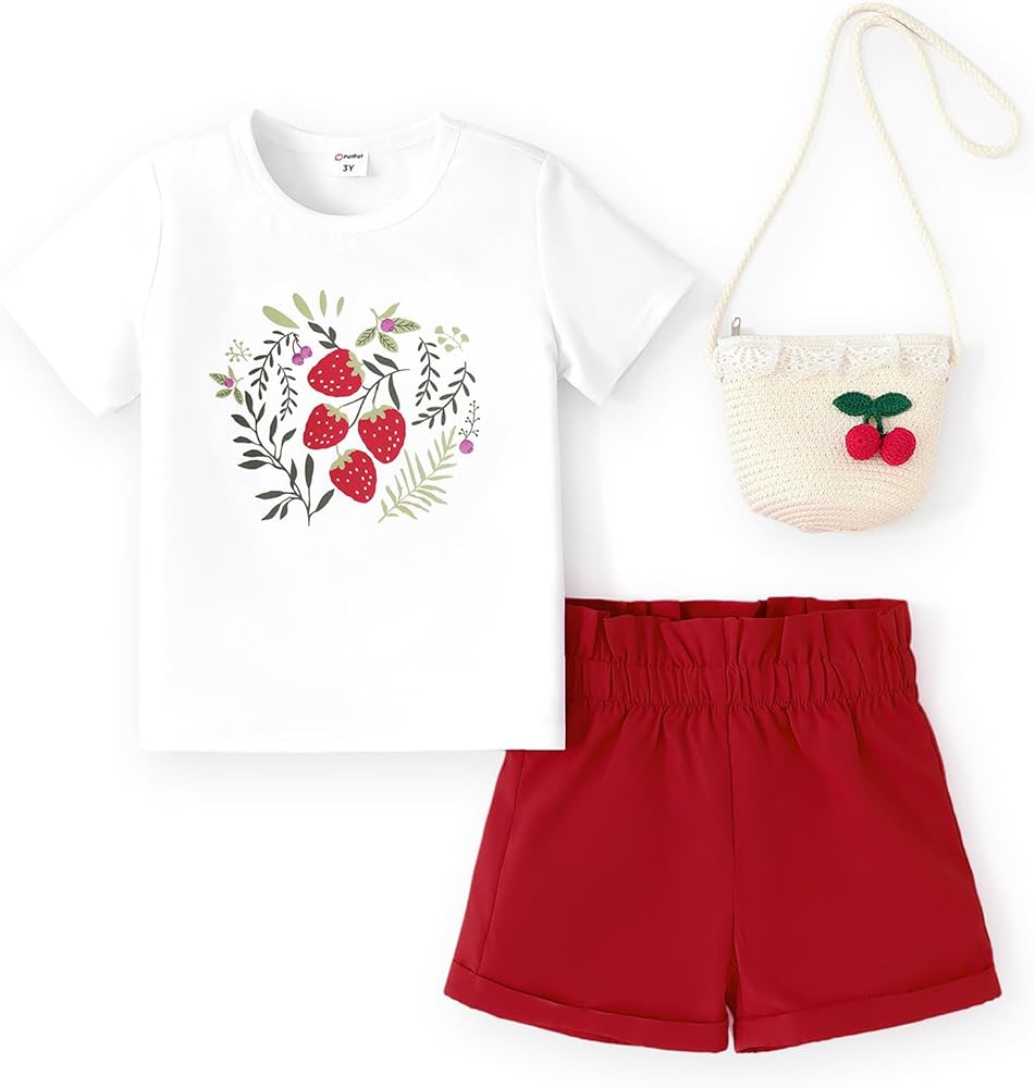 PATPAT Girls 3Pcs Clothes Set Short Sleeve T Shirt Tops and Solid Color Shorts with Woven Straw Bag Summer Outfits