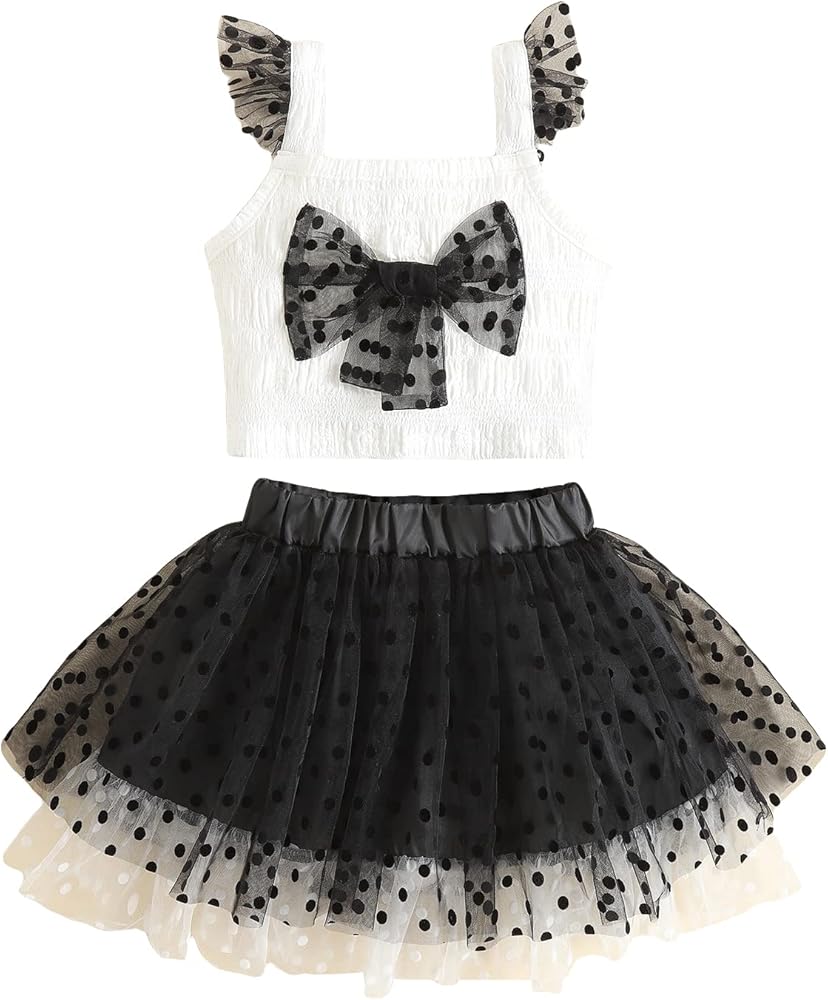 OYOANGLE Girl's 2 Piece Mesh Polka Dots Bow Front Cami Top and Tulle Skirt Set Toddler Girl Birthday Outfits