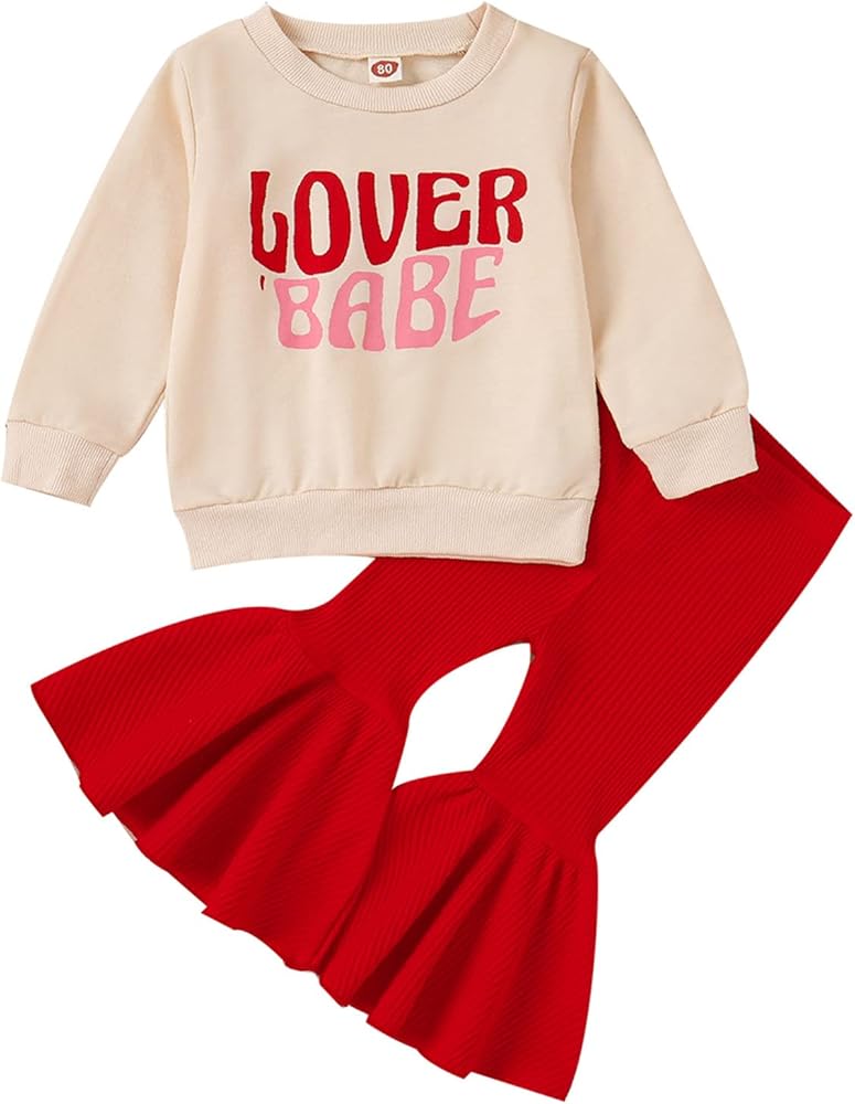 3 Piece Set Girls Toddler Girls Valentine's Day Long Sleeve Letter T Shirt Pullover Tops Bell Bottoms Pants Kids