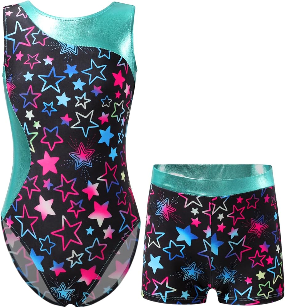 Kids Girls 2Pcs Gymnastics Outfits Sleeveless Dance Leotard with Shorts Athletic Biketard Dancewear Swimwear