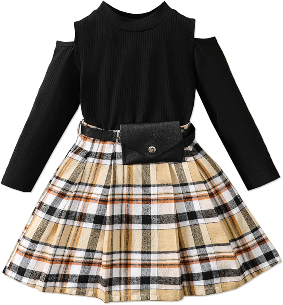 PATPAT Toddler Girl's 2 Piece Outfit Cold Shoulder Long Sleeve Tee Top and Plaid Pleated Skirt Sets Black