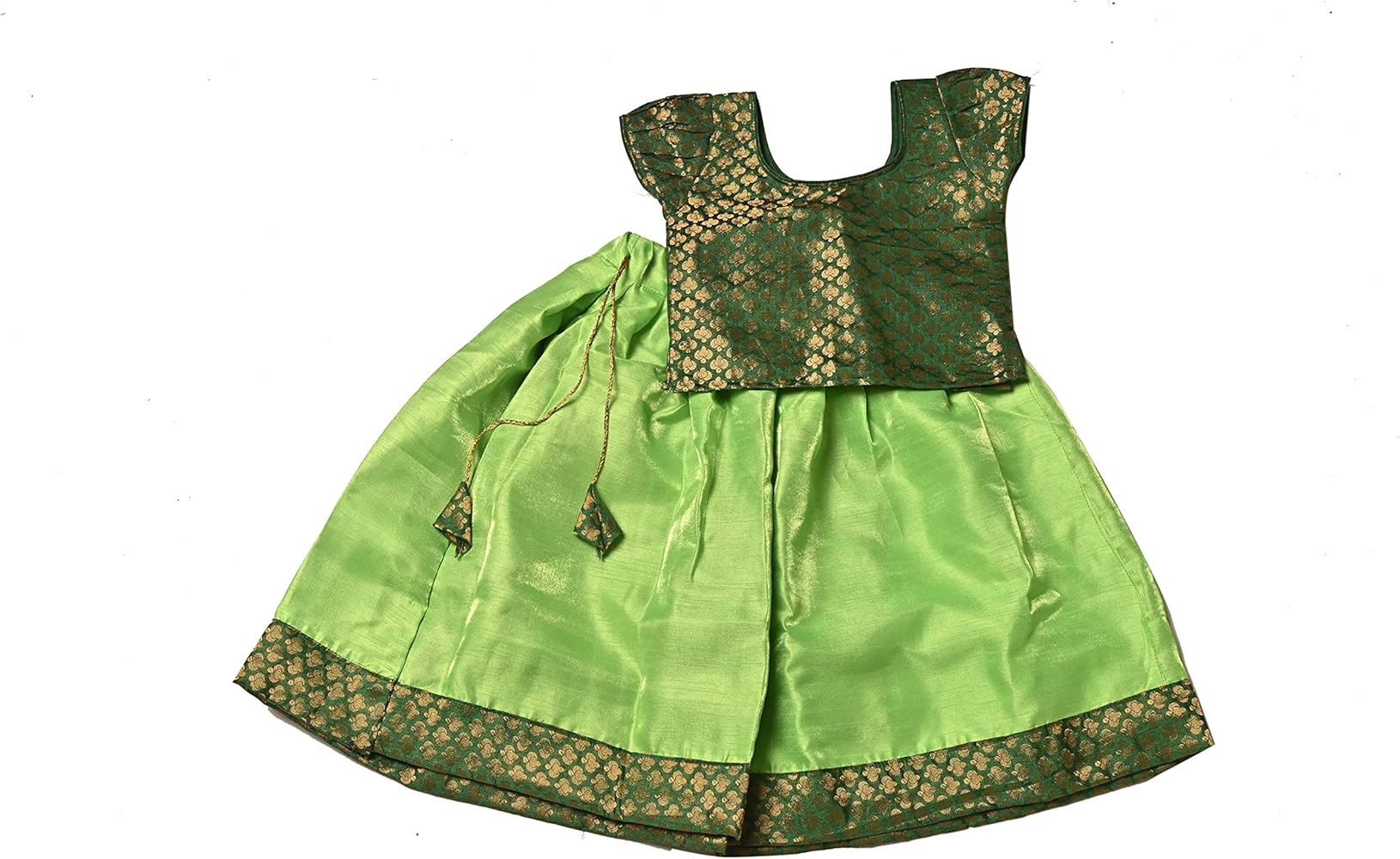 Green Chanderi & Dupion Fabric Short Sleeve Weeding Wear Pattu Pavadai Lehenga Choli for Kids (Color-Green)