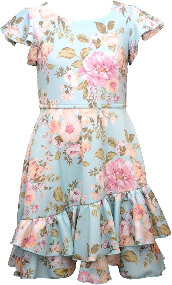 Girls Beautiful Pastel Ombre Special Occasion or Birthday Dress (7, Blue- Aqua- Floral-Easter-Dress)