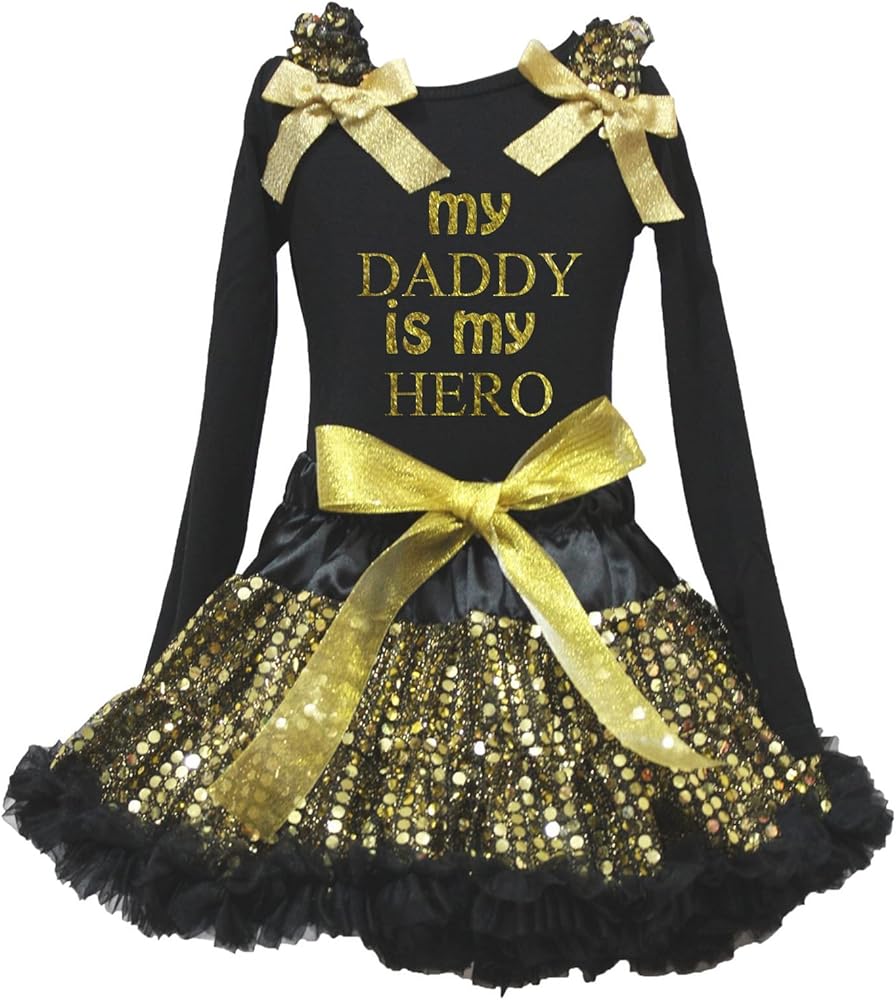 Petitebella My Daddy Is My Hero Dress L/s Black Shirt Gold Sequins Skirt 1-8y