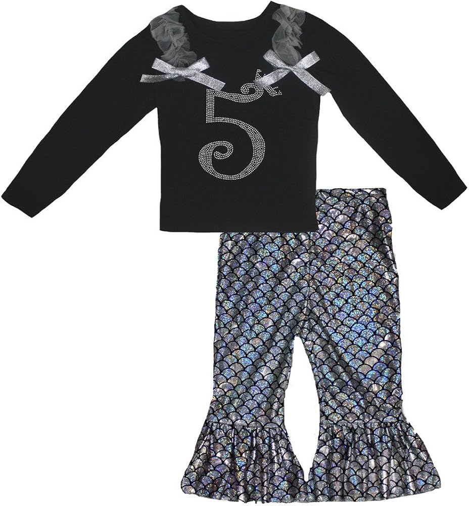 Petitebella Birthday Crown 5 Black L/s Shirt Silver Fish Scale Mermaid Pant 1-8y