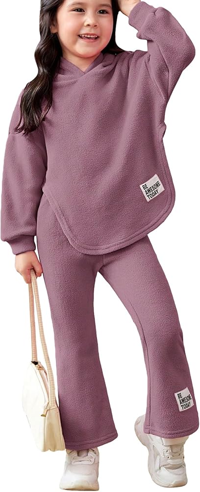 WDIRARA Girl's 2 Piece Outfits Letter Patched Long Sleeve Hooded Sweatshirt and Pants Set Mauve Purple 4Y